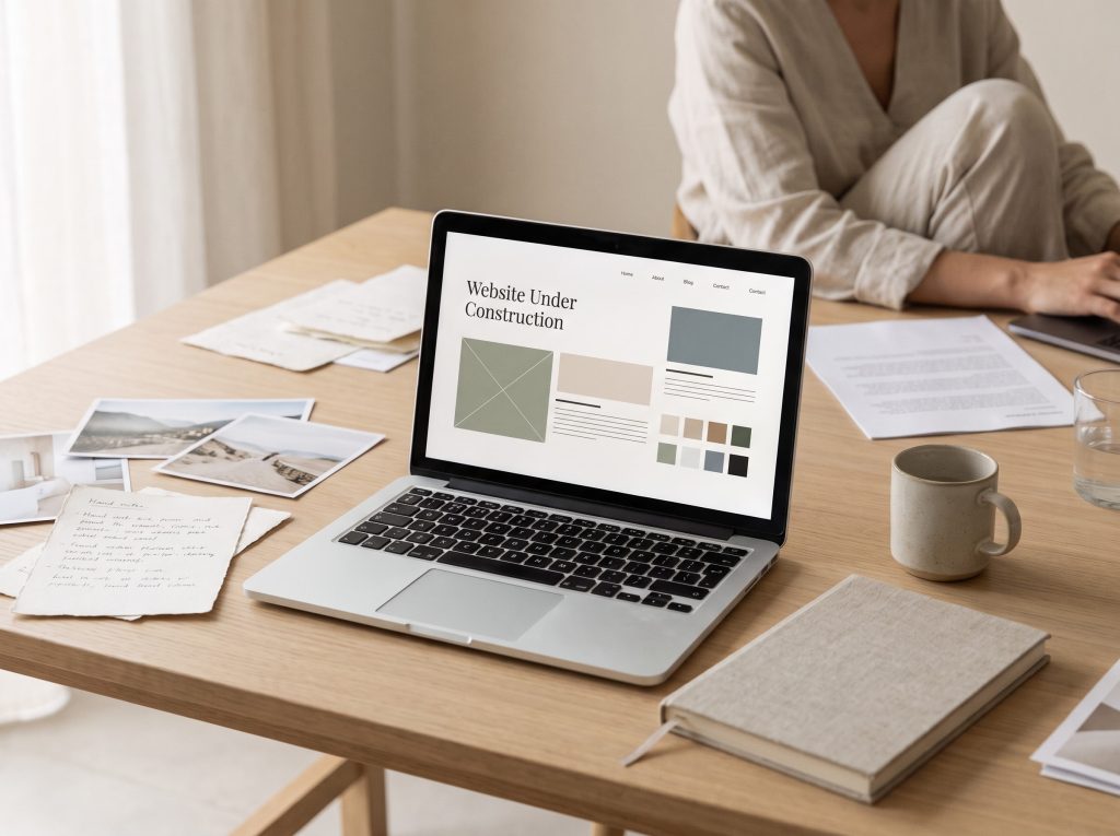 Un portátil muestra la página “Website Under Construction” sobre un escritorio con papeles y una taza de café.