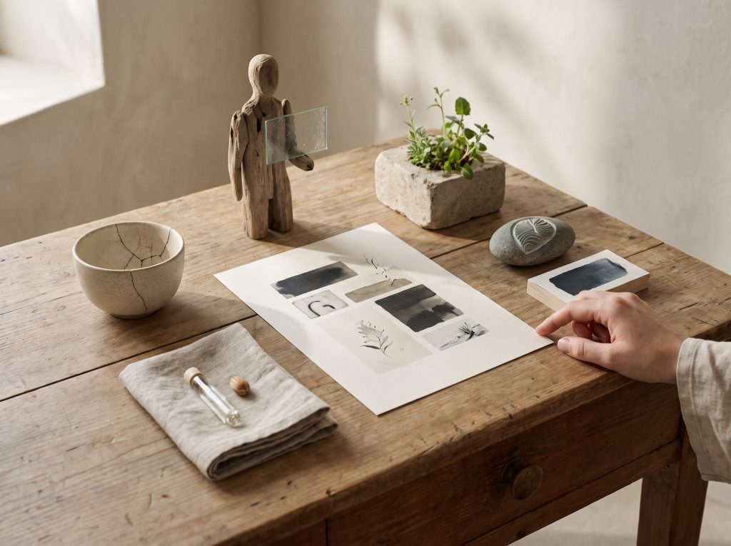 Una persona coloca una lámina con ilustraciones botánicas sobre una mesa de madera, junto a figuras decorativas y plantas.