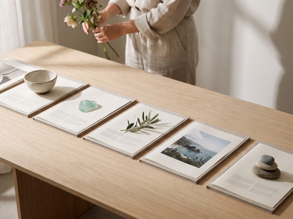 Una mujer coloca un ramo de flores sobre una mesa con revistas abiertas de temática natural.