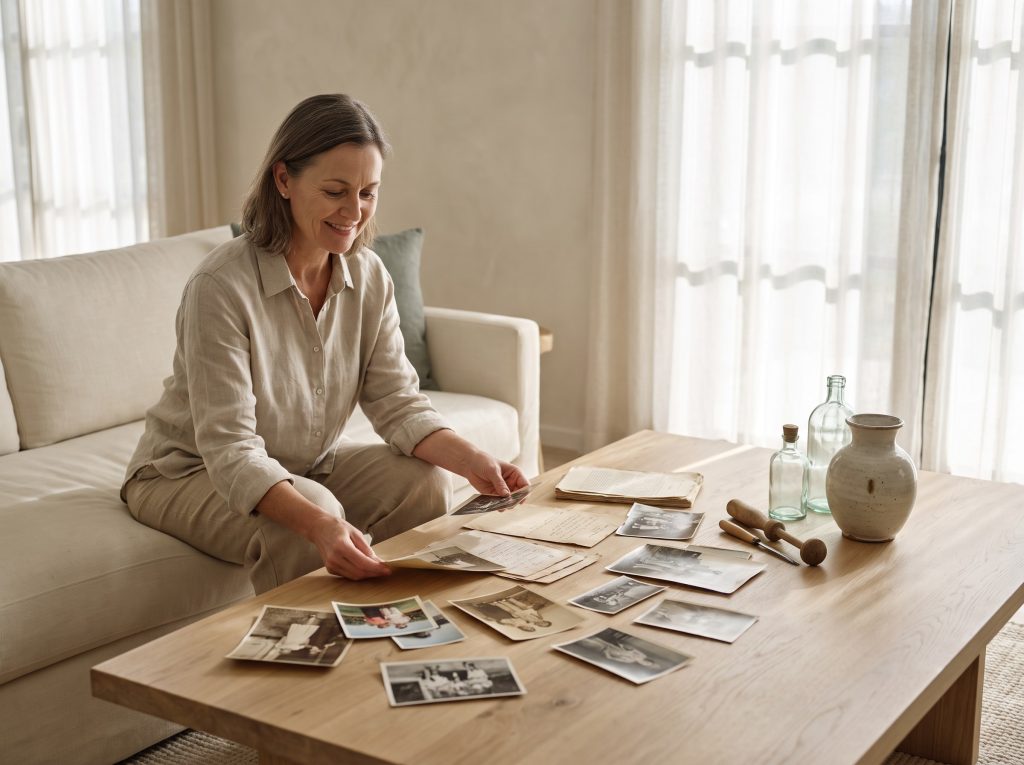 Una mujer sonriente revisa fotografías antiguas en una mesa junto al sofá en una sala luminosa.
