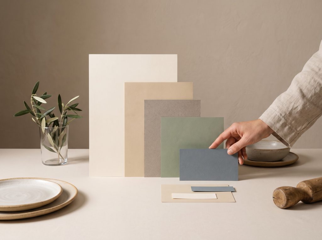 Una mano coloca una tarjeta de color sobre una mesa con muestras de tonos neutros y utensilios de cerámica.