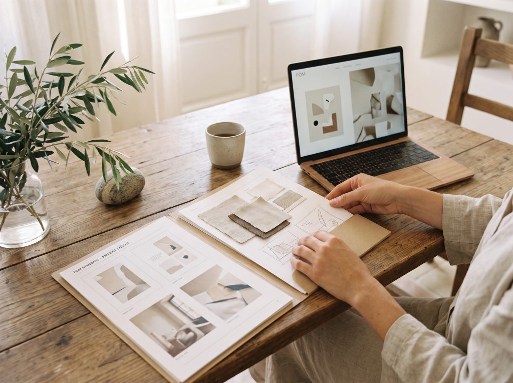 Persona revisando una propuesta de diseño en un portátil y documentos sobre una mesa de madera, con café y plantas cerca.